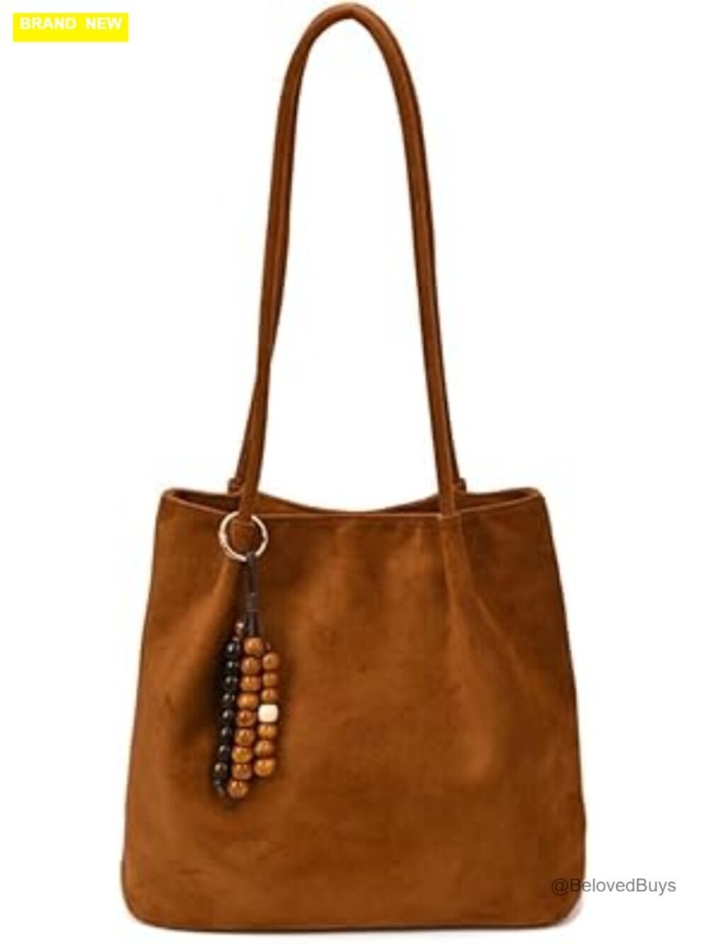 Faux Suede Hobo Shoulder Tote Bag with Wooden Beads